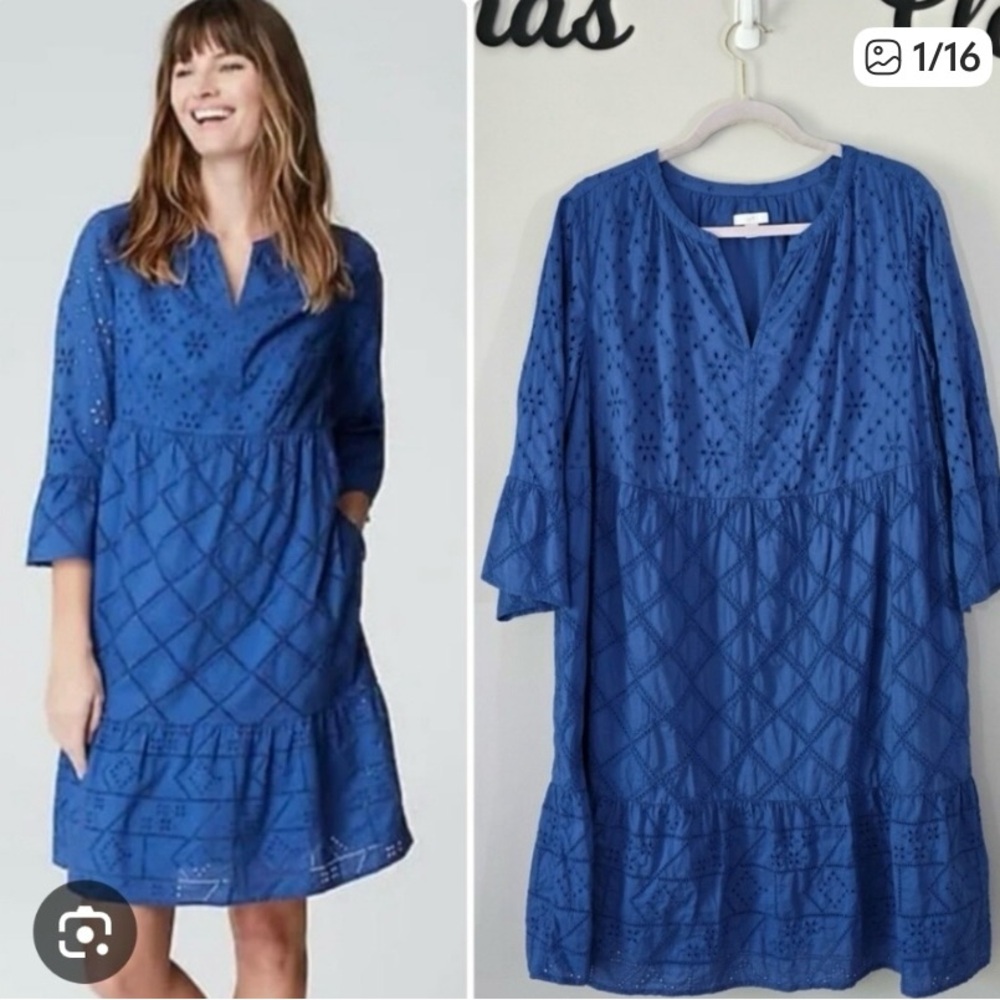 J. Jill Royal Blue Eyelet V-Neck Tiered Midi Dress